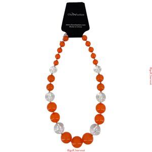 Orange and Clear Beaded Necklace Chunky Acrylic Fashion Jewelry, 18-20"